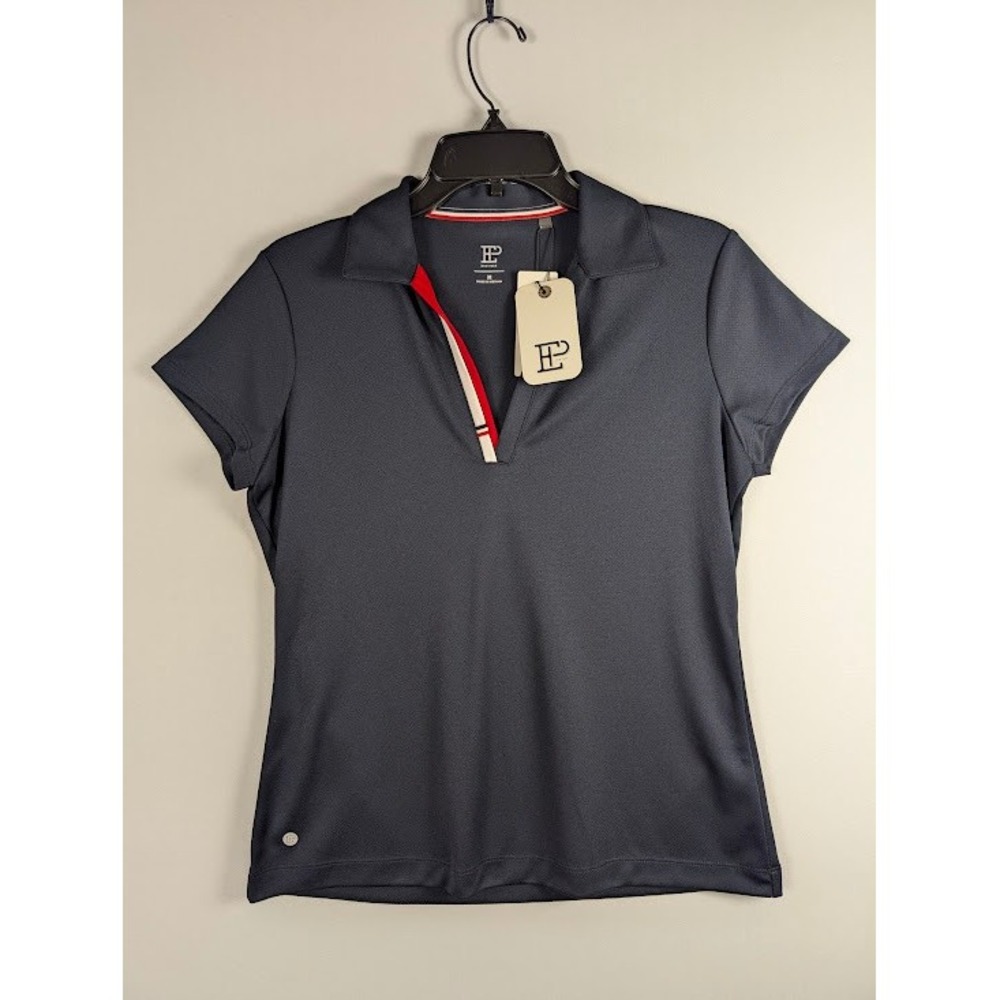 EP New York Golf Polo Womens M Navy Blue Open Collar V-Neck Performance NEW